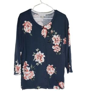 CJ Banks Floral Scoop Neck Cardigan Button Up Roses Blue XL NWT